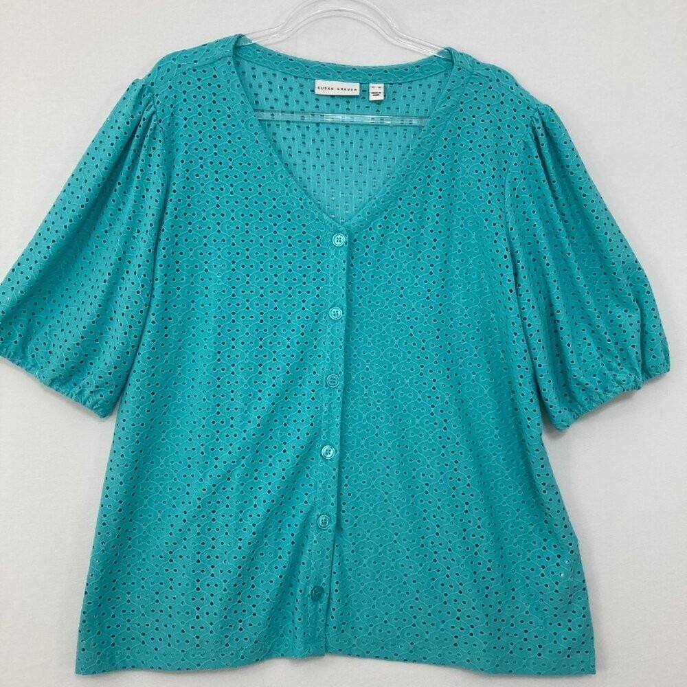 Susan Graver size XL Turquoise Eyelet Puff Sleeve Stretch Button Down